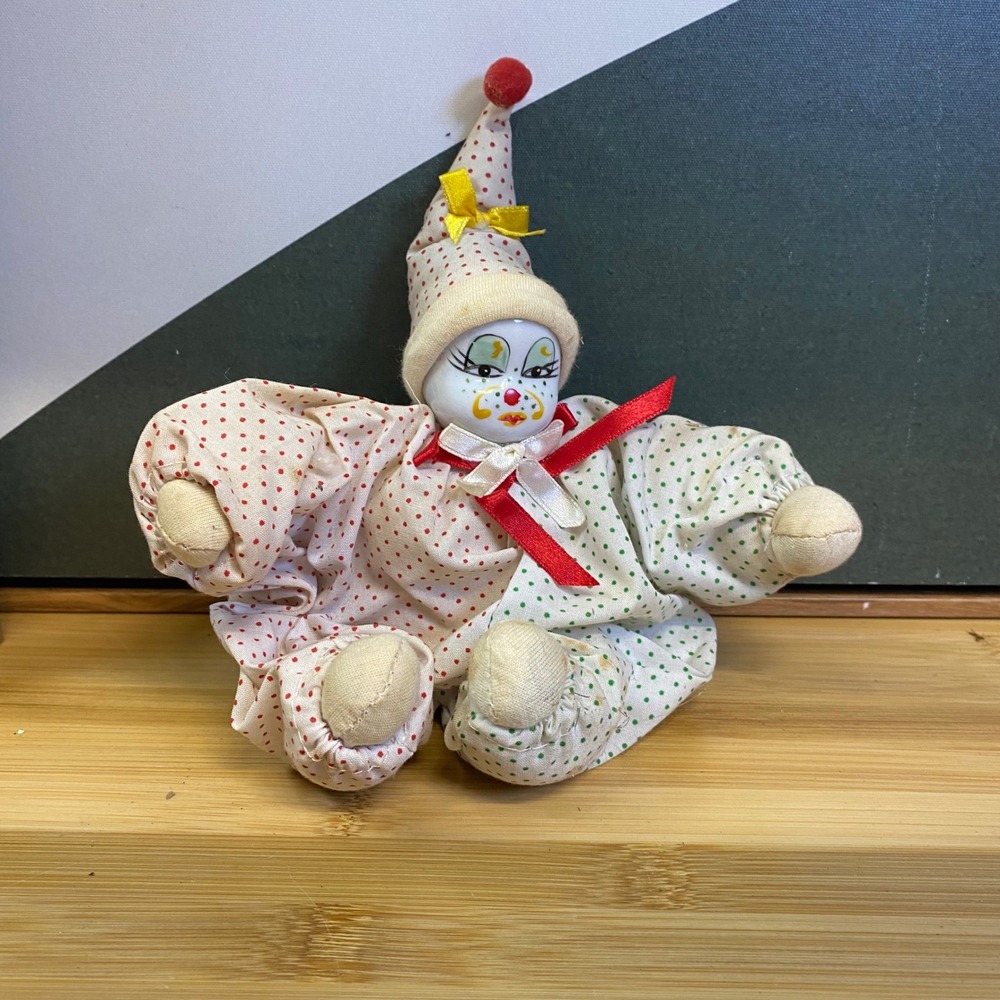 Unbranded Porcelain Clown Doll Unisex OS Multi Polka Dot Vintage Jester Toy
